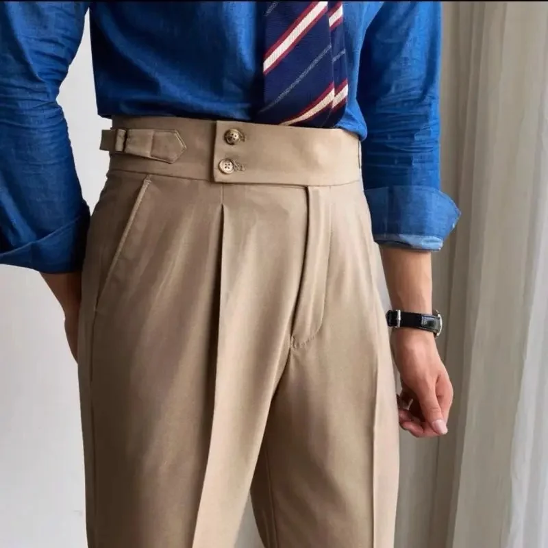 Men Thin British Style High Waist Straight Suit Trousers Wrinkle Free Business Casual Long Pants Summer & Autumn