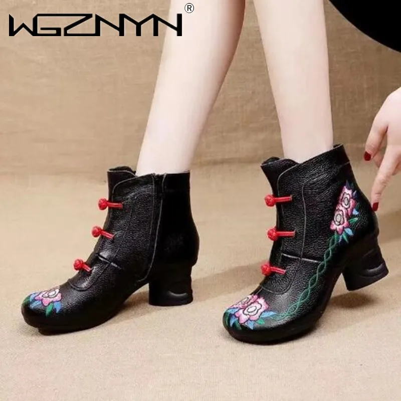 Floral Ankle Boots For Women Autumn Winter Genuine Leather Women\'s Boots Retro Handmade Comforable Shoes High Heels Botas Mujer