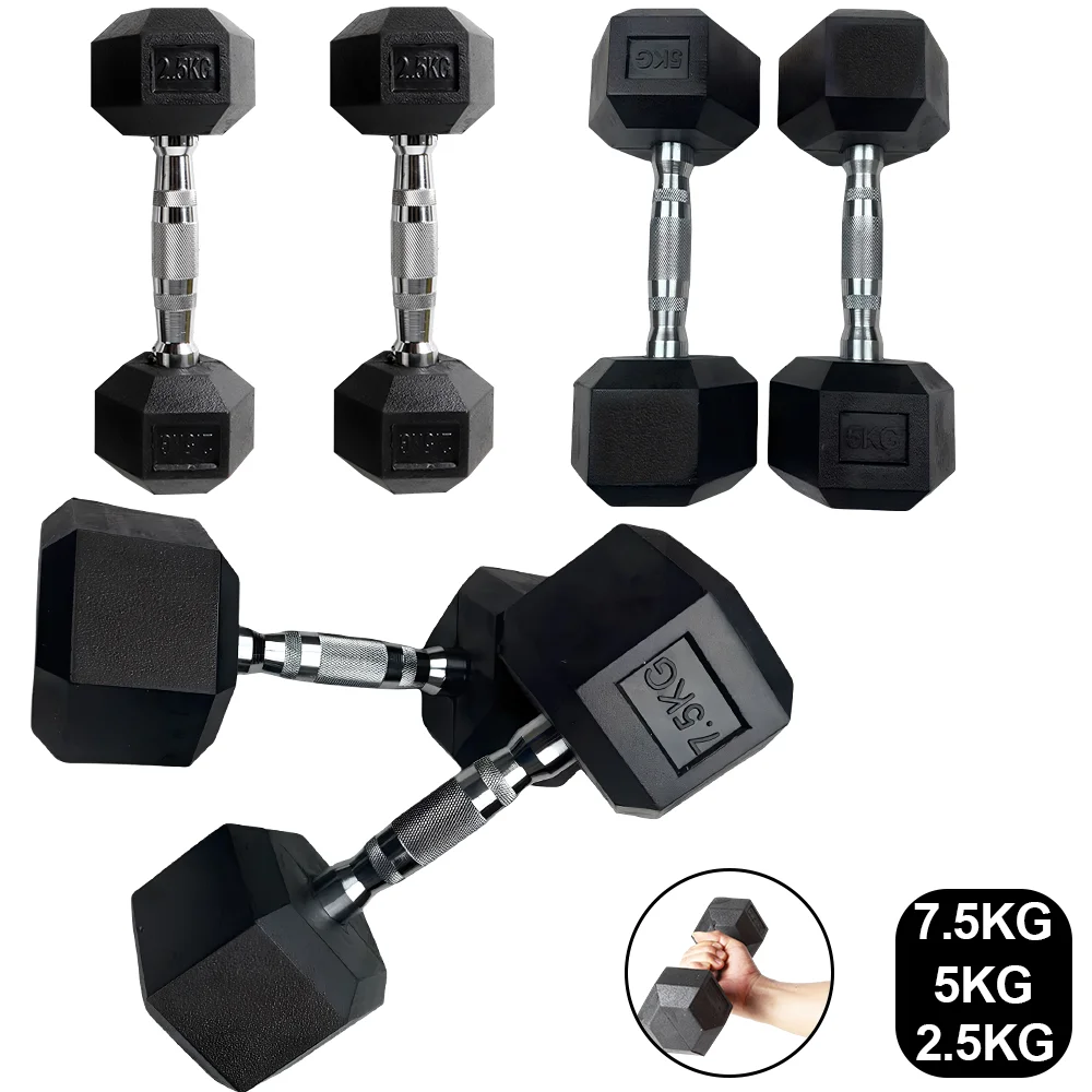 2pc 2.5kg/ 5kg/7.5kg dumbbell Hexagonal Fixed Dumbbells Men's Fitness Equipment Home Ladies Rubber Dumbbells Multi weight Black