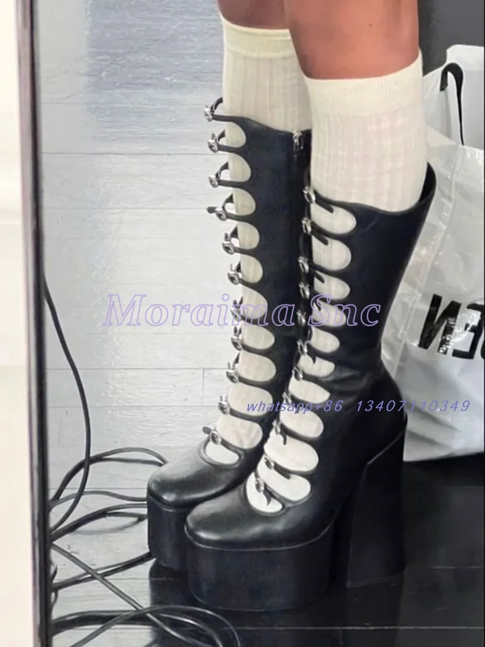 

Belt Buckle Platform Hollow Mid-calf Boots Block High Heeled Side Zipper Sexy Fashion Women's Long Sandals Boots 2024 Newest