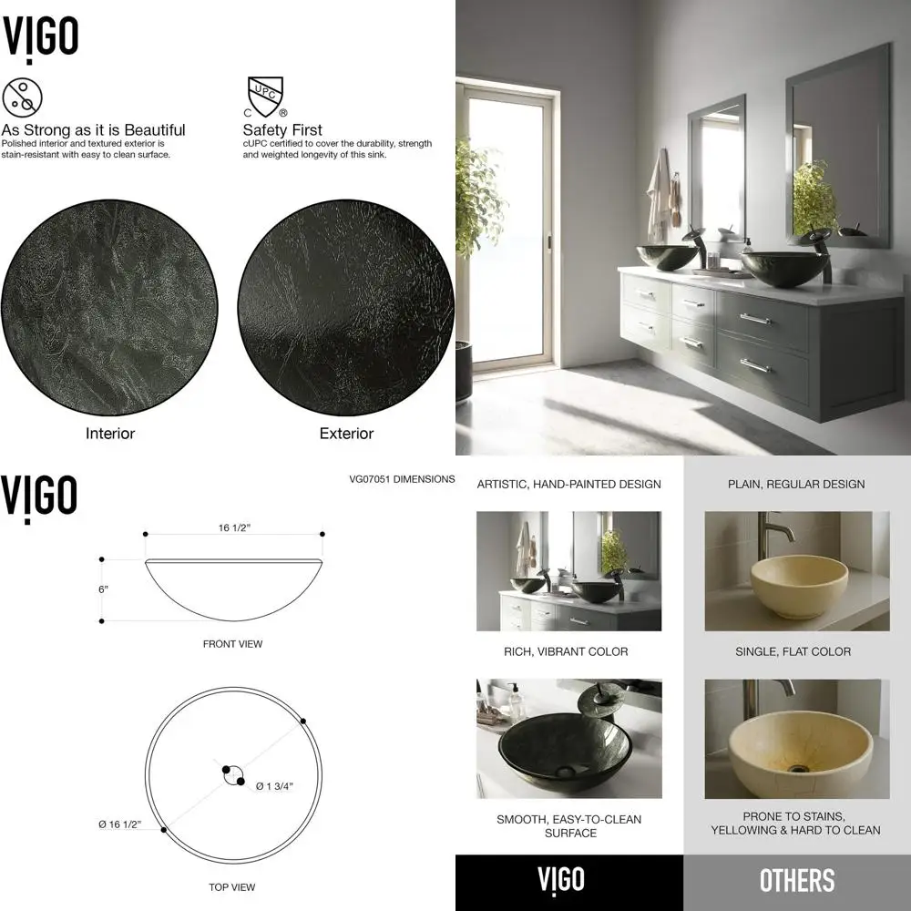 

Круглая раковина из закаленного стекла 17 см с антипригарным покрытием, быстрым сливом и защитой от нагрева для столешниц в ванной комнате