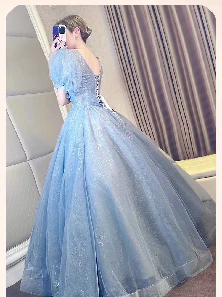 Shiny Sweet 16 Sky Blue Princess Quinceanera Dress With Applique 3D Floral Crystal Beading Ball Gown Vestidos De 15 Anos Corset