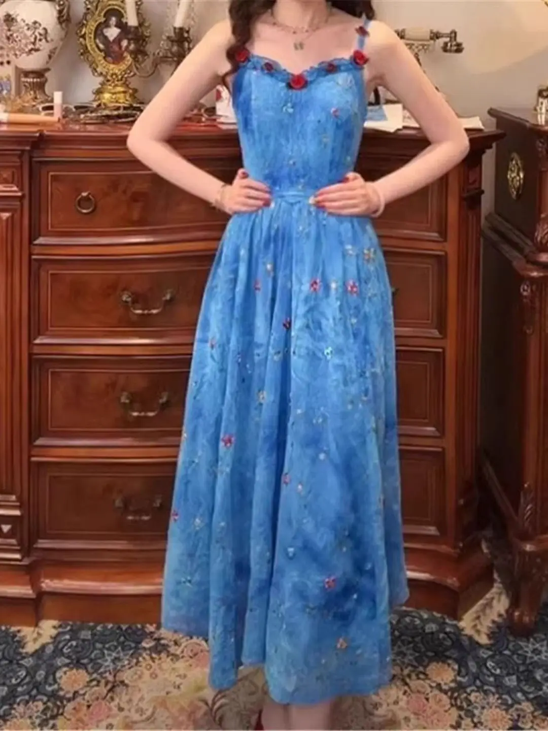 2025 verão novo azul praia vaion sle feminino Dr ter Ne estampa floral maxi saia cintura alta linha A silhueta poli...