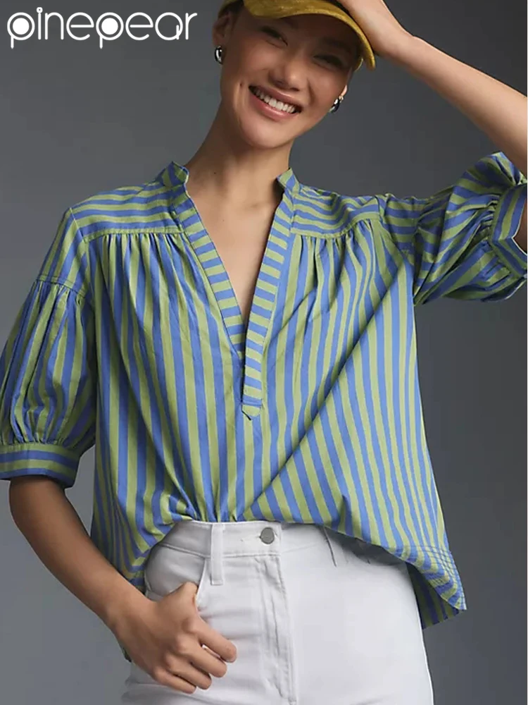 PinePear Women Striped Cool Loose Shirt Deep V Neck Fashion Blouse 3/4 Sleeve Pullover OL Blouses Shirts 2026 Spring Summer