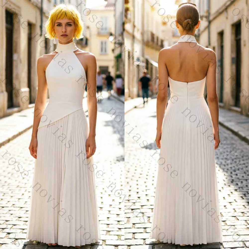Customized Satin A-Line Wedding Dress Sleeveless High Neck Deep V Back Bow Detail Long Train Bridal Gown 2026 Outdoor Ceremony
