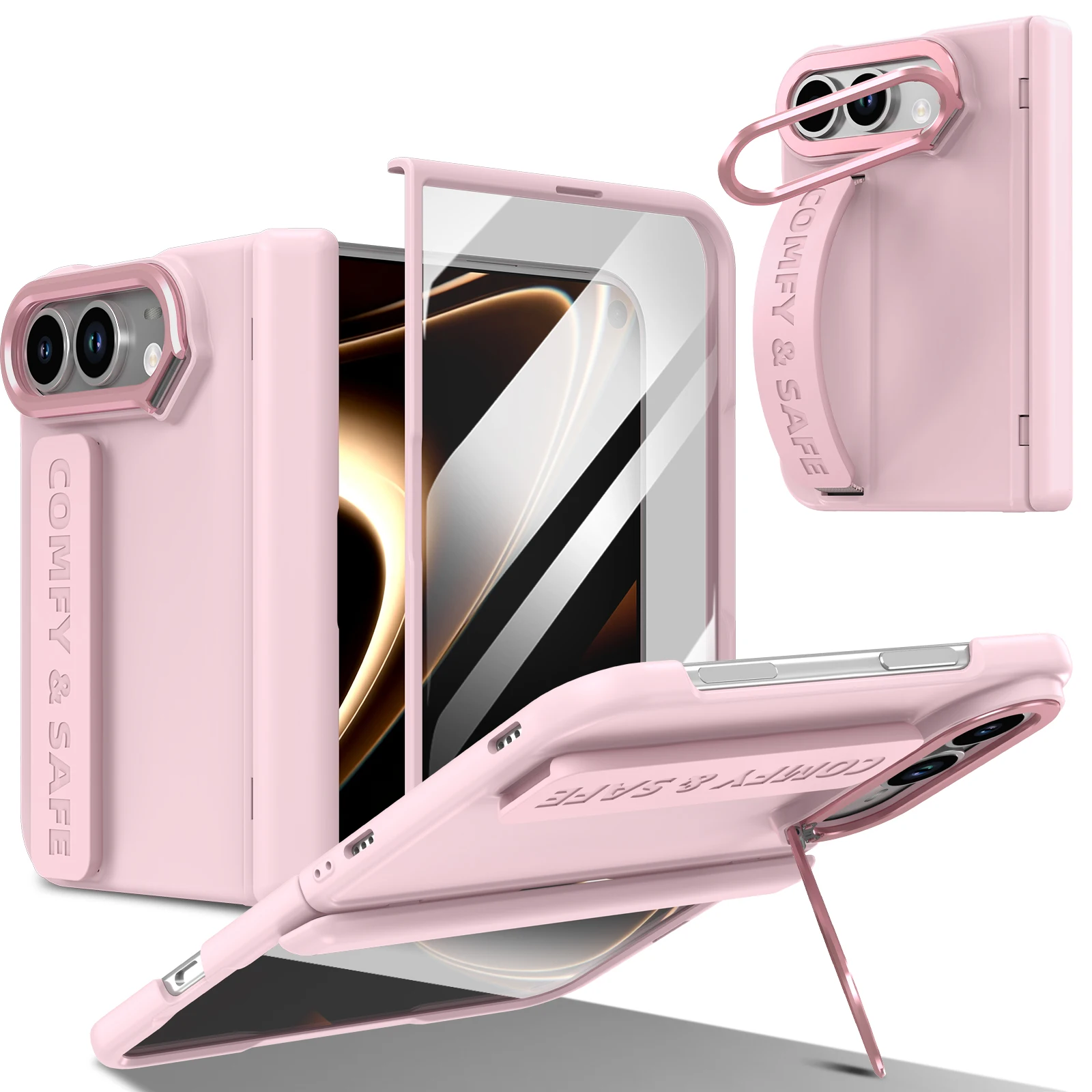 For iPhone Duo 5G Case Ultra-Thin Skin-Friendly Wrist Strap Holder With Tempered Glass Folding Shockproof Back Cover Accessories
