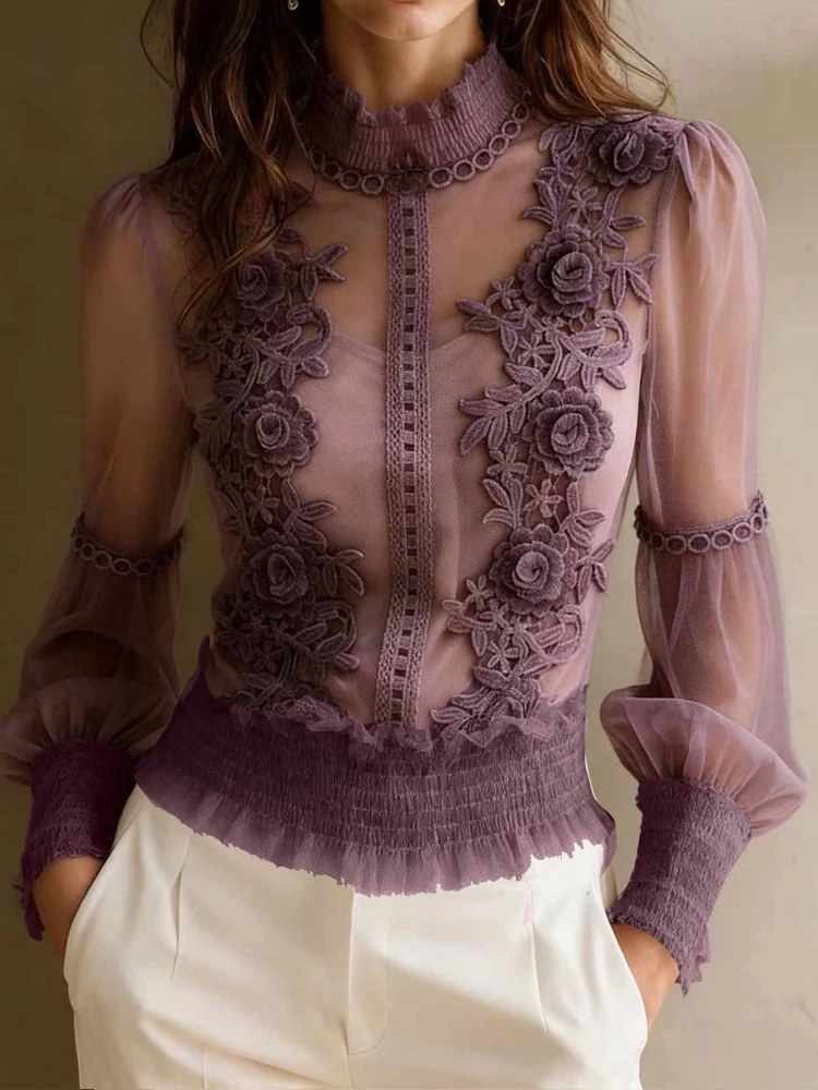 Elegant Solid Color Spring Summer New Tops Lady Stereoscopic Floral Mesh Women's Shirts Casual Long Sleeve Slim Commute Blouse
