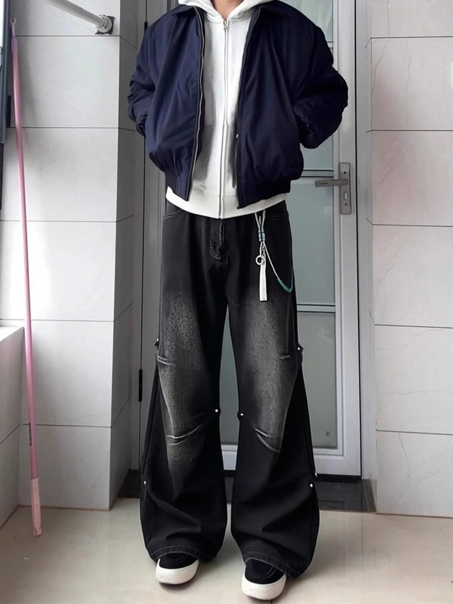 

Black Cleanfit High Street Washed Wide Leg Men's Jeans Folded Workwear Pants Knife Flared Trousers Resistant to Wear And...