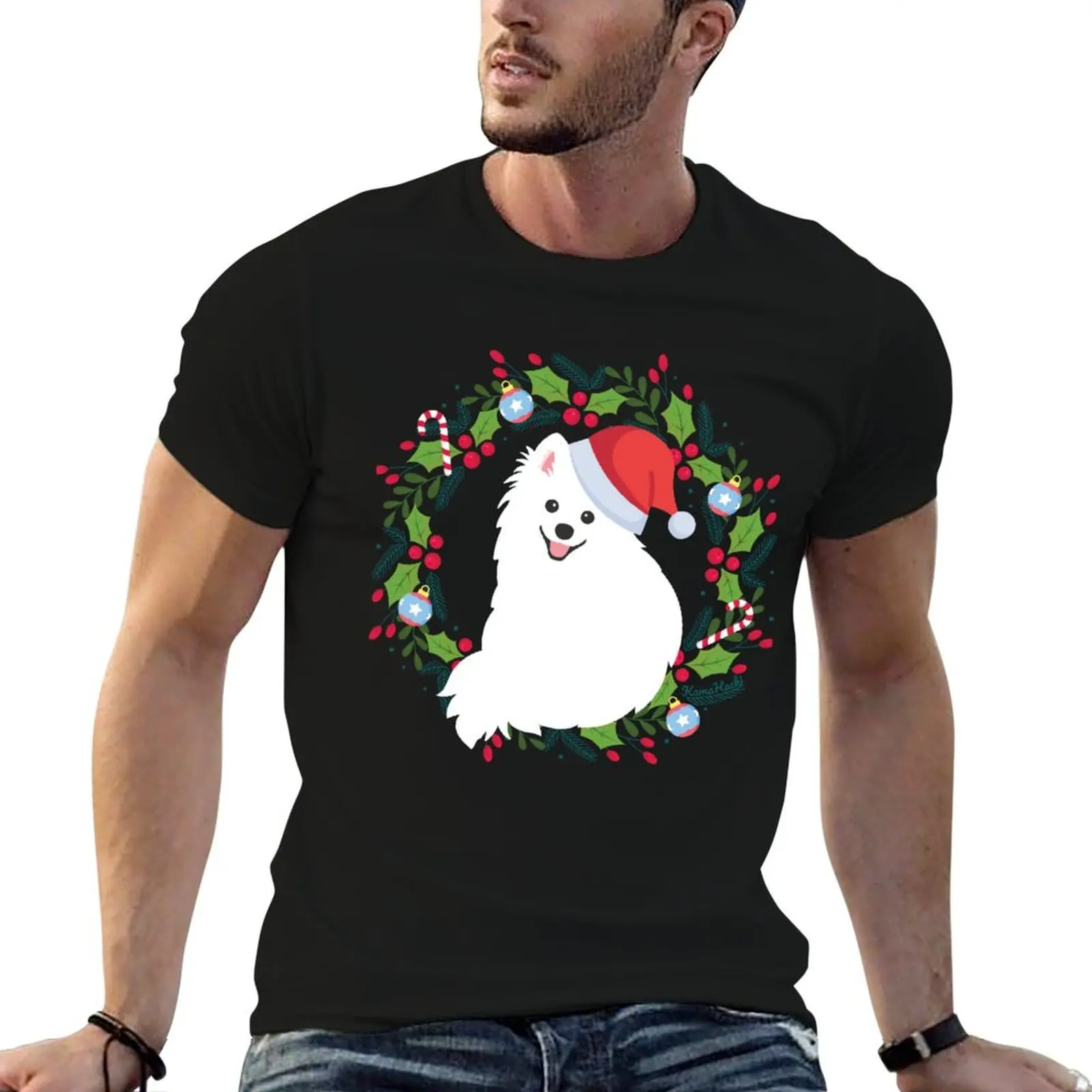 Camiseta japonesa com estampa de cachorro Spitz no guirlanda de Natal - Camiseta verde Kamahachi com estampa personalizada de anime