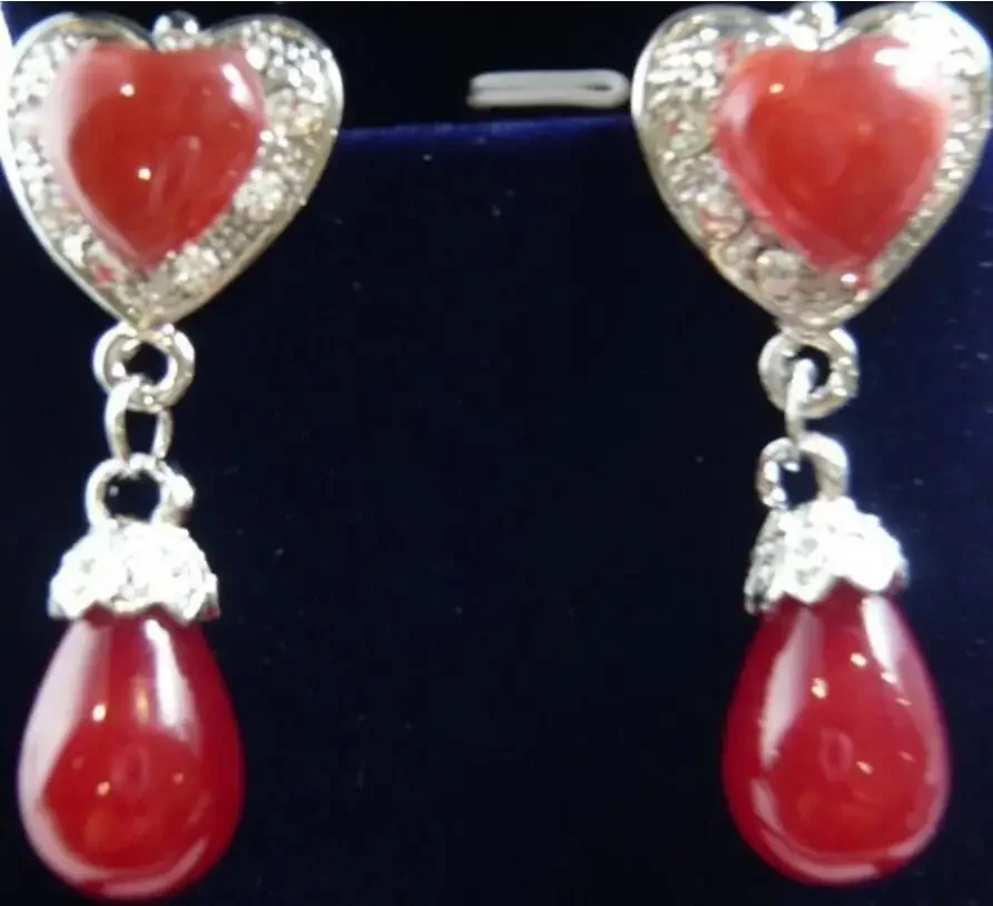 

Fashion jewelry 2 choices Wholesale Green/red Natural jade 18KGP Crystal Heart Clip-On Earrings