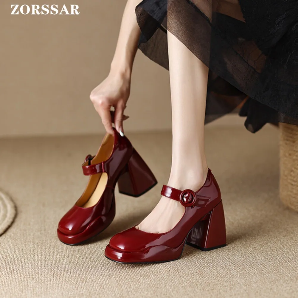 

Patent Leather High Heels Mary Janes Lolita Shoes Women 2024 Comfort Soft Bottom Moccasins Shoes Woman Square Heel Casual Shoes