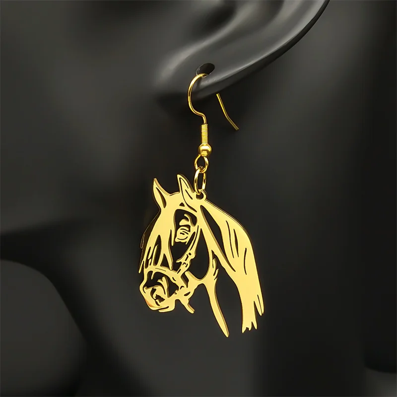 Animal Horse Head Pendant Earrings for Women Stainless Steel Gold Color Drop Earring Horses Lover Gift Accessories Jewelry E6330