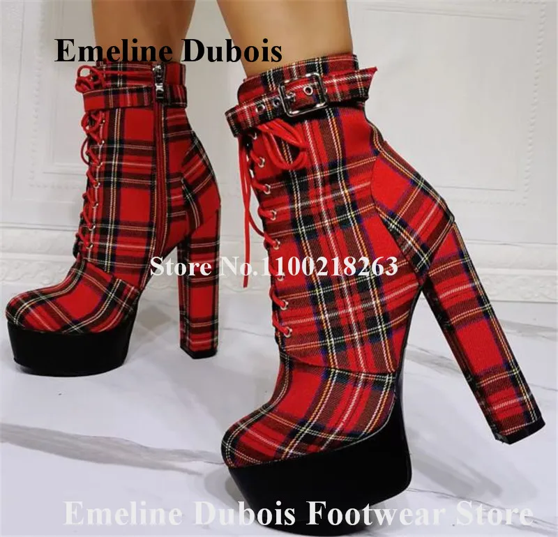 

Red Square Plaid Chunky Heel Short Boots Emeline Dubois Round Toe High Platform Thick Heel Ankle Booties Lace-up Dress High Heel