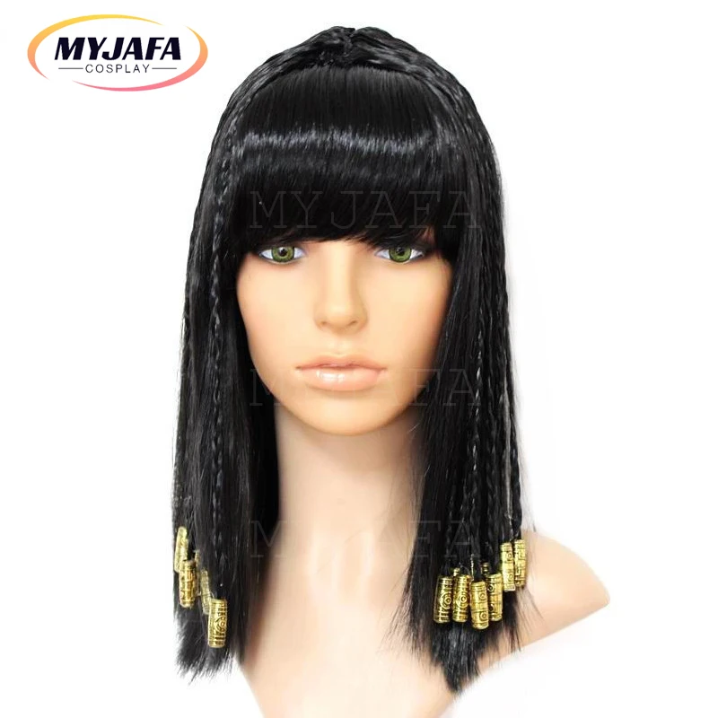 Cleopatra Cosplay Wig Ancient Egypt Queen Cosplay Vintage Braided Black Hair Gold Balls Decoration Halloween Party Wigs  +WigCap