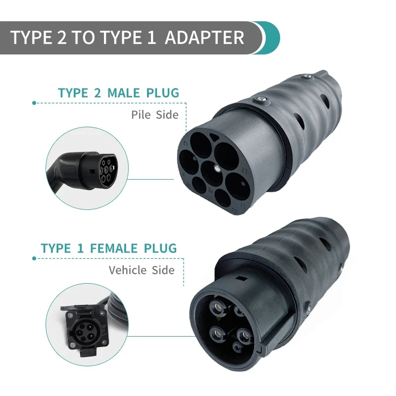 Electric Vehicle Charging Adapter Barrel 32A Type2 to Type1 EV Charger Socket Connector SAE j1772 to IEC62196