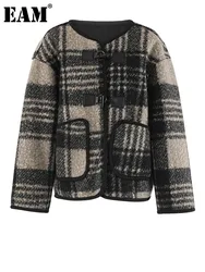 [EAM] Black Plaid Elegant Big Size Woolen Coat New O-neck Long Sleeve Women Jacket Fashion Tide Autumn Winter 2024 CPG1930