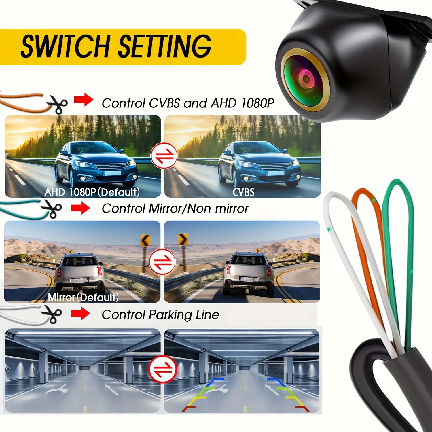 1080P AHD Rear View Backup Camera with Fisheye Golden Lens, CVBS | AHD Switchable, Reverse Rear View Camera for Car, SUV, RV