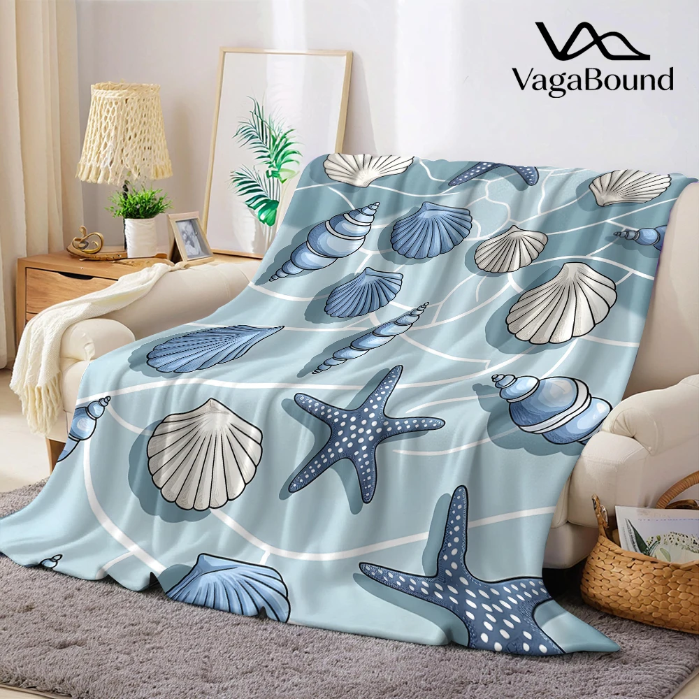 Blue Seashells Starfish Lightweight Flannel Blanket Breathable Cozy Throw Blanket for Spring Summer Sofa Bed Air Conditioning