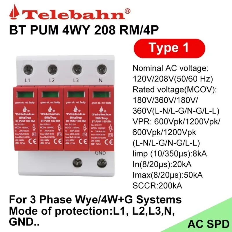 120V/208V AC Surge Suppressor 20-50kA Surge Protective Device SPD Surge Protector for 3 Phase Wye/4W+G