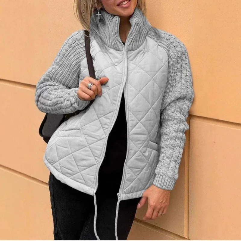 Spliced Women Padded Jackets Zip Up Cardigans Stand Collar Autumn Winter Jackets Fashion Women Coats Outerwears