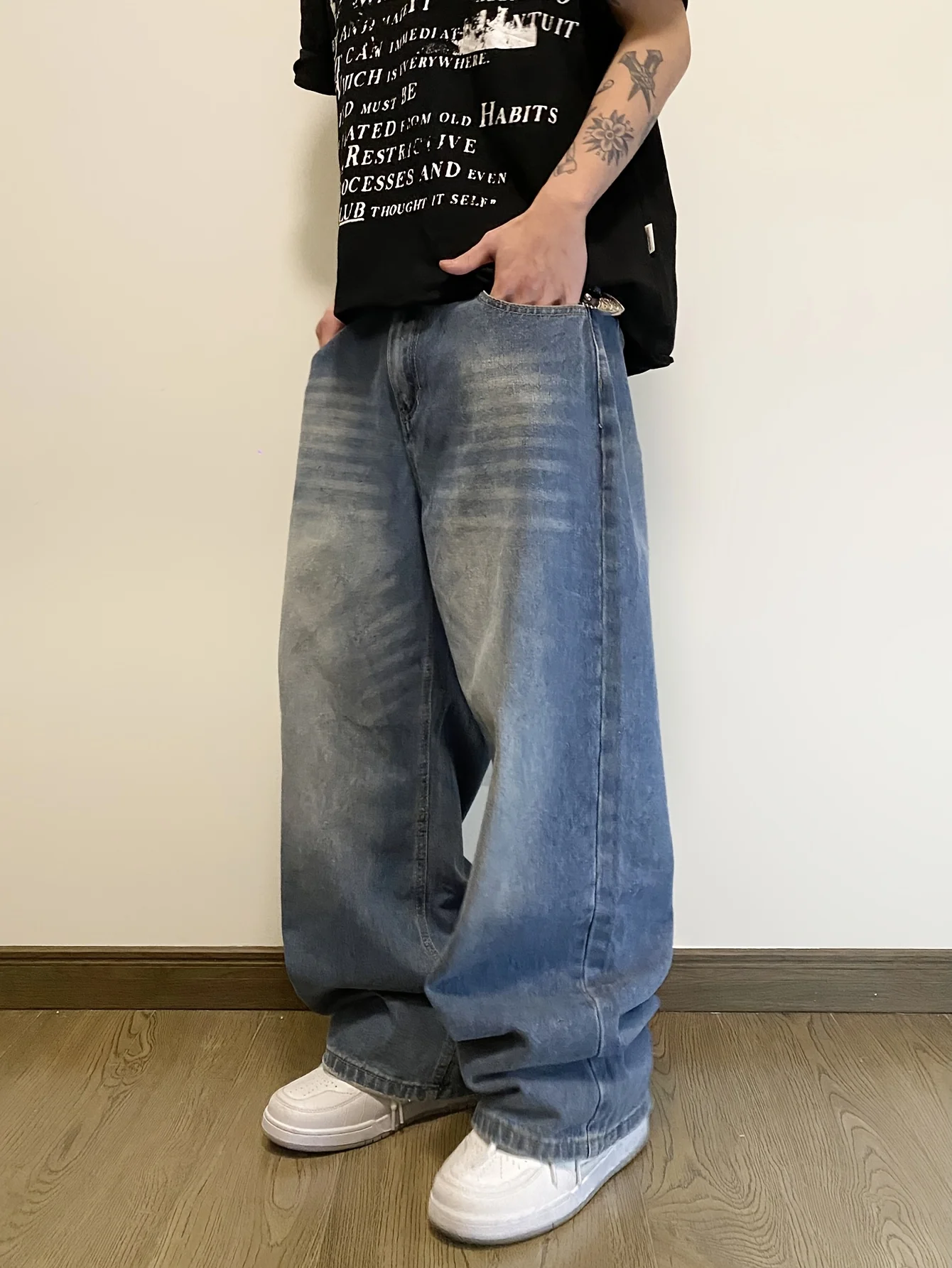 Męskie szerokie jeansy Y2K z szerokimi nogawkami, dżinsowe spodnie w stylu vintage z prostymi nogawkami, codzienne spodnie dżinsowe z kieszeniami, streetwear