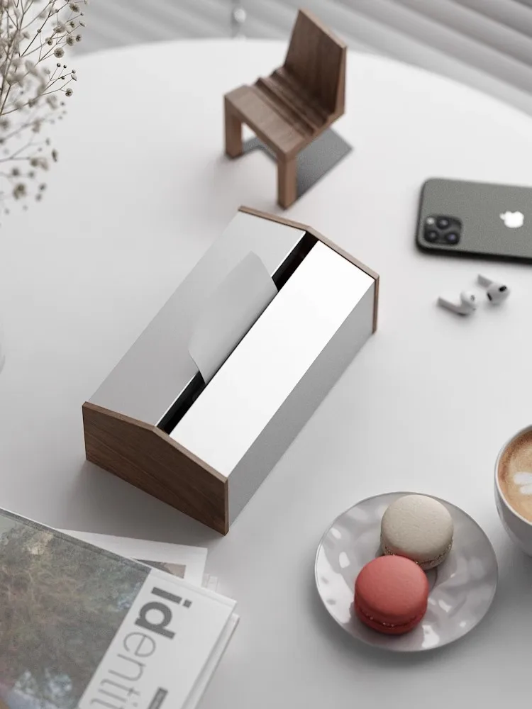 Natural Solid Wood Stainless Steel Home Use Tissue Box Nordic Light Luxury Originality Individuality Unique Metal Tissue Box