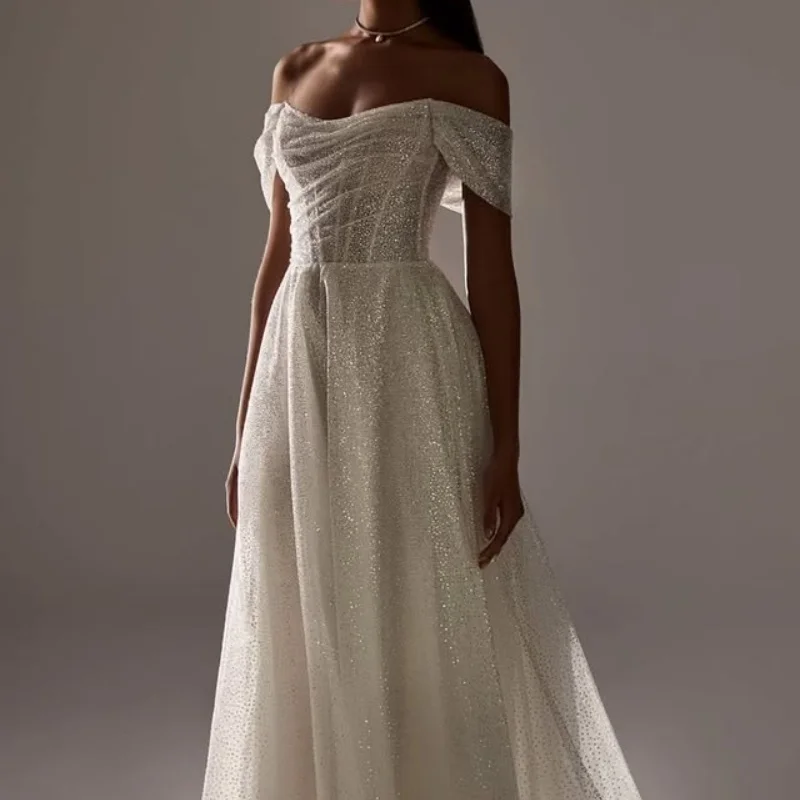 

Shiny White Wedding Dresses off-shoulder A skirt decal Long tail Bridal Gowns Made Customized