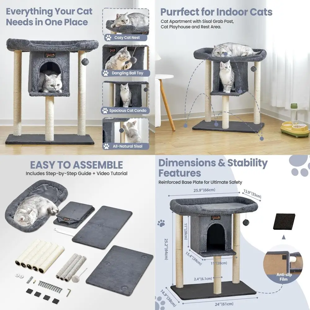 

Современное домашнее кошачье дерево с высоким окунем, 28, альпинистская башня, пещера и игрушечными шариками для больших кошек (темно-серый)