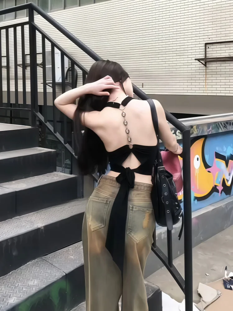 유니크 발 스트랩 베스트 여성 여름 태국 스타일 섹시한 작은 가슴 탑 출퇴근용 슬림핏 오버 롱