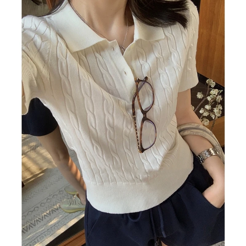 Women\'s Summer Polo Collar Short Sleeved Ice Silk Loose Solid Color Lapel Knit Cardigan T-Shirt Top