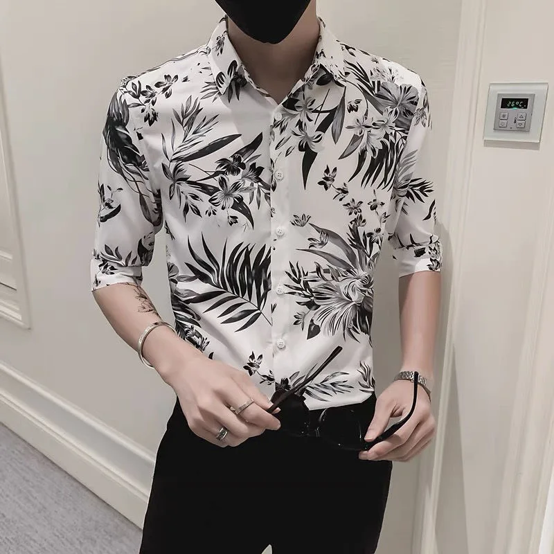 Summer Slim Fit Printed Short Sleeve Shirt Trendy Korean Design Seven Sleeve Length Floral Pattern Youthful Popular Male Fashion