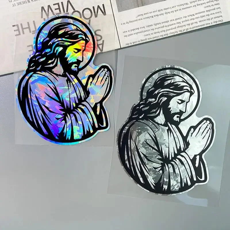 2Pcs Holographic Jesus Praying Portrait Waterproof PVC Vinyl Stickers Religious Faith Decals For Car Motorcycle Accessories