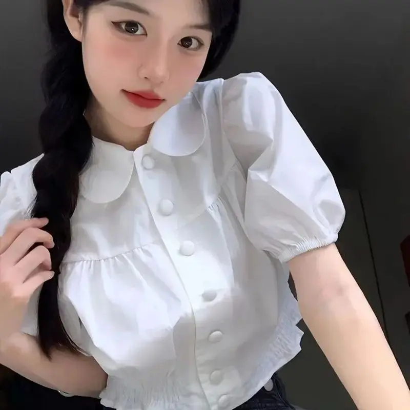 White Preppy Style Shirts Women JK College Lolita Fashion Sweet Girlish Crops Blusas Casual Puff Sleeve Cute Peter Pan Collar