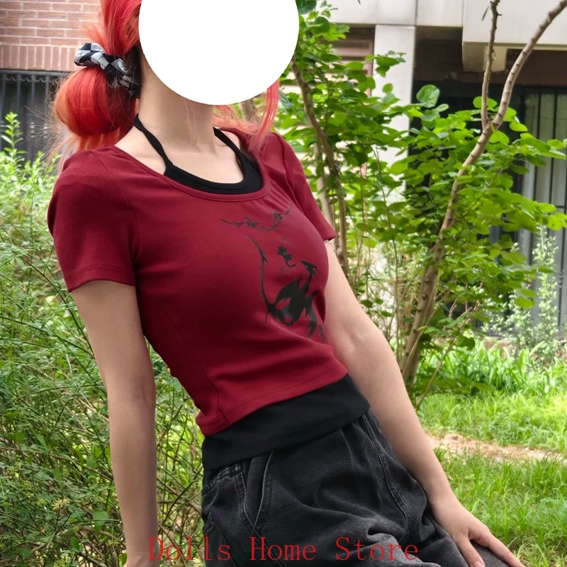 

Game Love and Deepspace Sylus Red Summer False Two Pieces Short Sleeve T-shirt Tee Cosplay Costume Girl Anime Student Tops