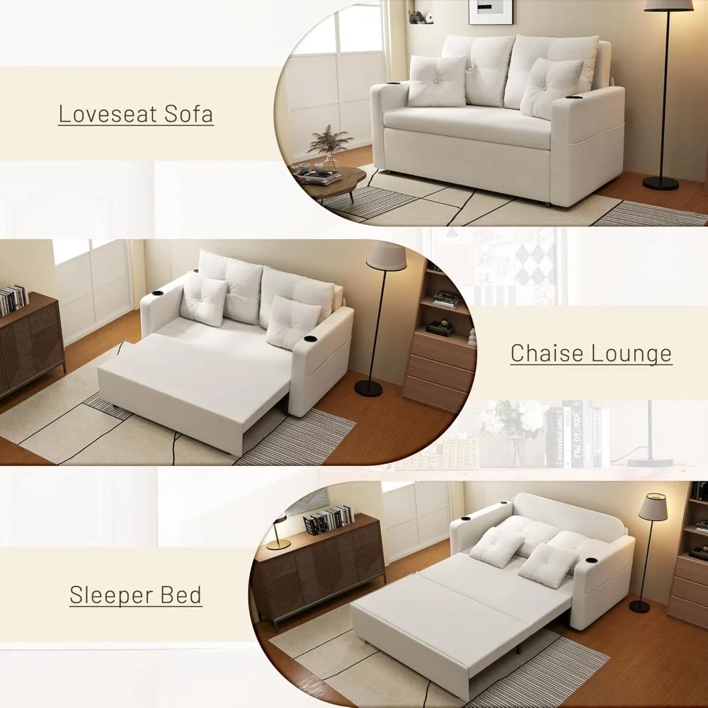 أريكة سرير 3 في 1 متعددة الوظائف، 56 مقعدًا مع حاملات أكواب، وحدة تخزين، ومنفذ USB، مثالية لغرف المعيشة والمساحات الصغيرة