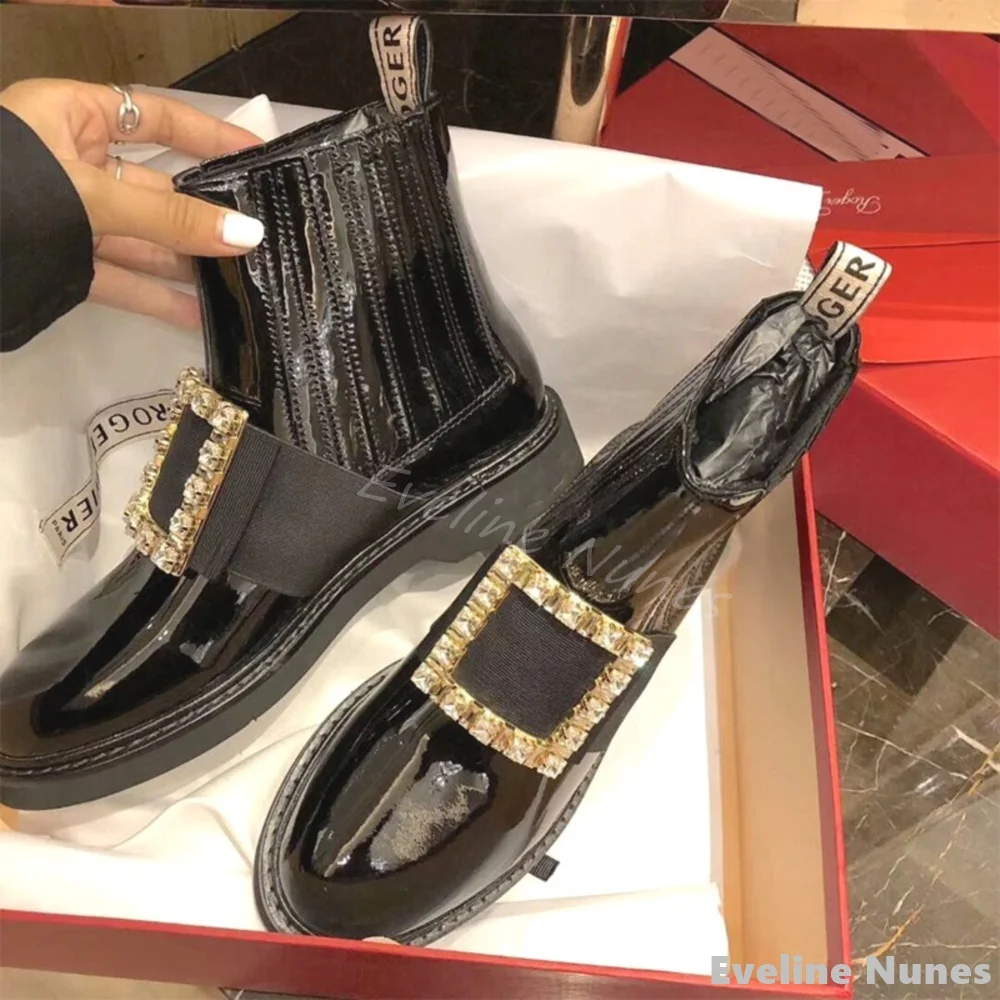 

Shiny Rhinestone Square Buckle Ankle Boots Women Round Toe Black Patent Leather Chelsea Boots 2024 New Autumn Winter Short Boots