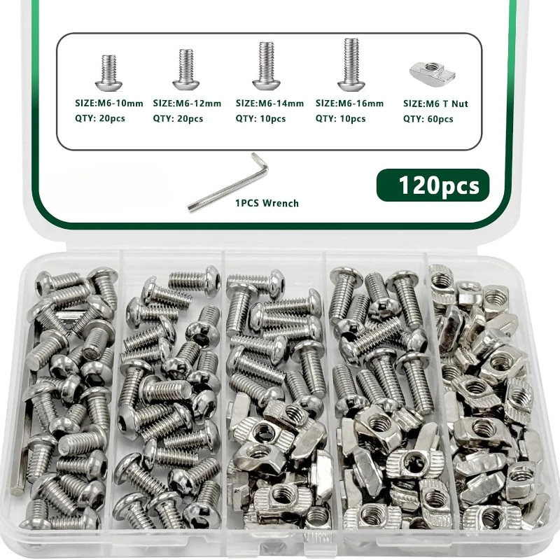 

T Nut Screws Kit for 3030 3060 Aluminum Extrusion 60pcs M6 Hexagon Socket Screws and 60pcs M5 Drop in T-Nuts with M6 Hex Wrench