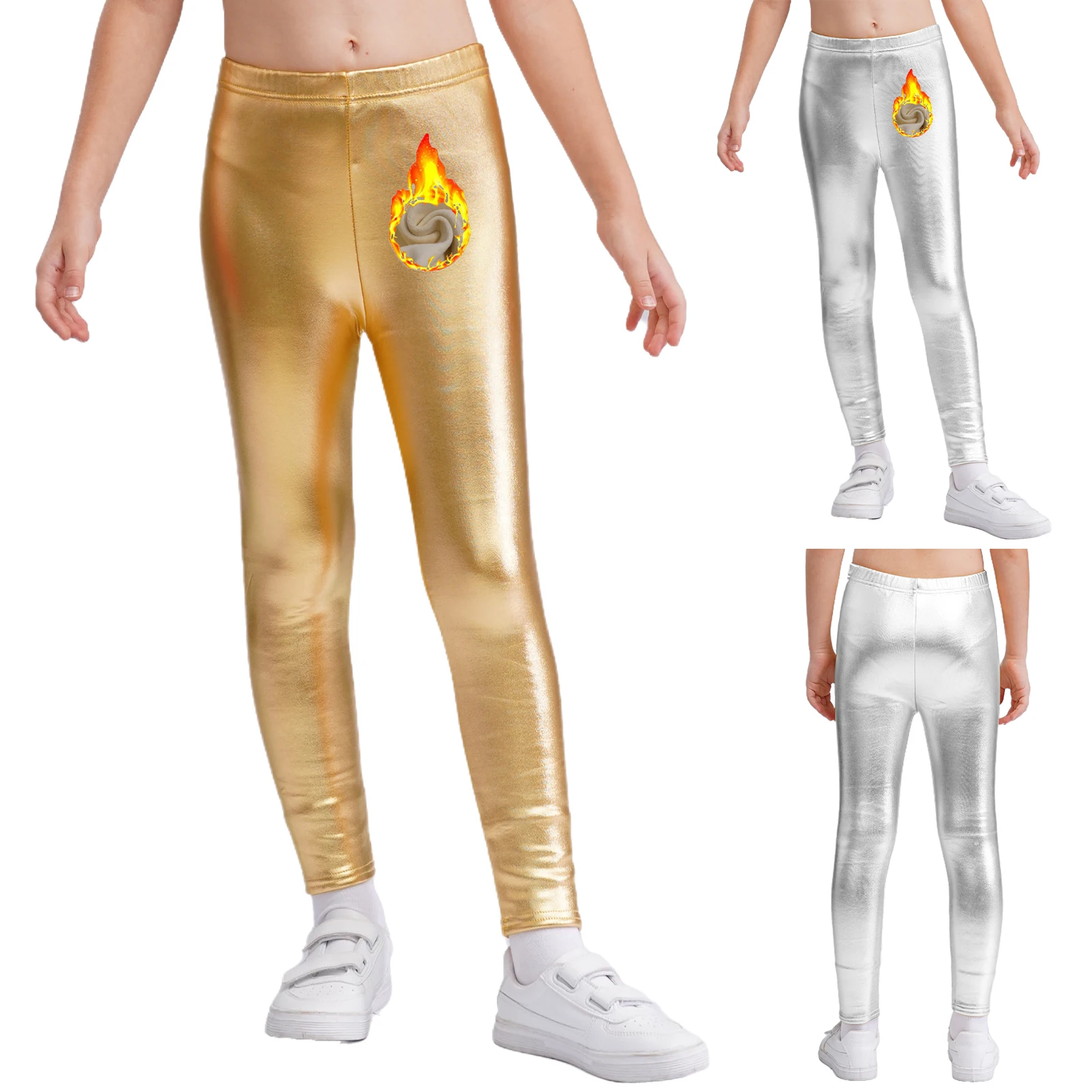 Pantaloni da ballo per bambina per bambini Leggings metallici foderati in pile caldo Pantaloni skinny con elastico in vita per spettacoli teatrali di feste da ballo