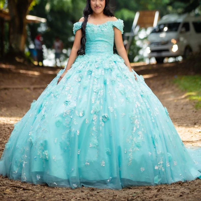 

Aqua Blue Shiny Quinceanera Dresses Off The Shoulder Sequin Applique Flower Beading Crystal Bow Tull Corset Party Birthday Sweet