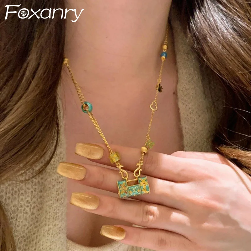 Foxanry Drop Glaze Lock Pendant Necklace For Women Girls Vintage Court Style Trendy Temperament Elegant Anniversary Jewelry Gift