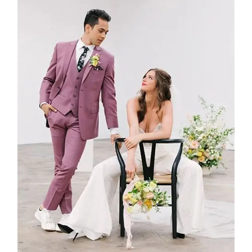 

Dusty Pink Costume Homme Slim Fit 3 Piece Jacket Pants Men's Suist Formal Wedding Groom Full Sets Custom Male Clothing Terno