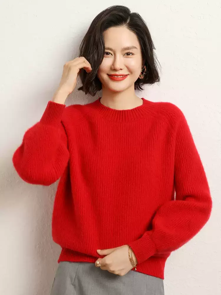 Bubble sleeve round neck thickened lazy windy mountain cashmere sweater red sweater women loose Joker knit bottoming shirt.