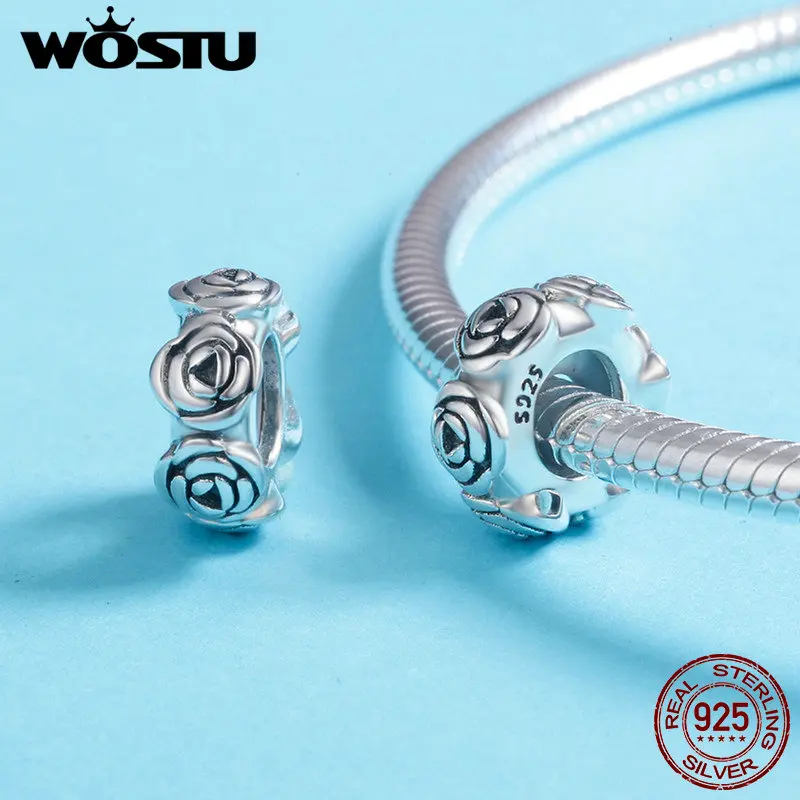 WOSTU 925 Sterling Silver  Stopper Spacer Beads Cat Feather Round Charm Fit Original Bracelet Bangle DIY Jewelry Accessories