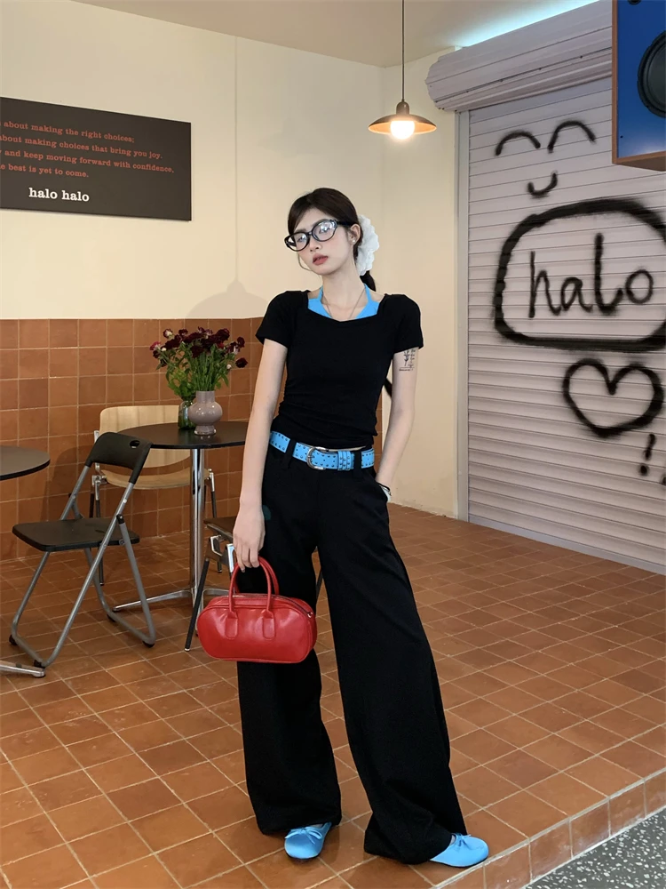 

Fashionable Fake Two-Piece Set Short Sleeve T-Shirt Women Summer High Waist Slimming Casual Pants Two-Piece Set Casual Wear