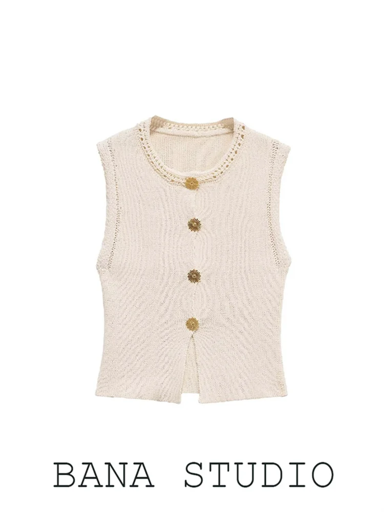

BANA Gold Bule round Ne Open Split Svel Knitted Vest Top French Sle Slim Fit Soft Knitted Women's Summer Faion