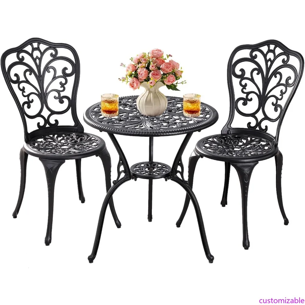 طقم فناء بيسترو مكون من 3 قطع للاستخدام الخارجي، طاولة بيسترو خارجية من الألومنيوم المصبوب ومجموعة كراسي مكونة من قطعتين مع فتحة مظلة مقاس 1.97 بوصة، صدر لجميع الأحوال الجوية