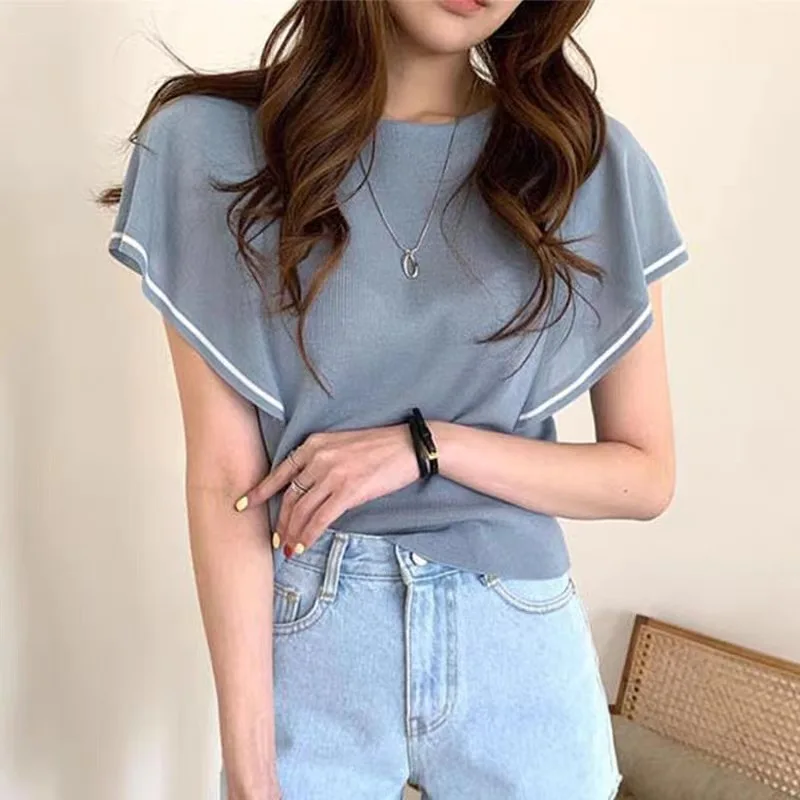 

Summer New Niche Vintage Round Neck Matching Color Ruffled Sleeve ice Silk Knitted Vest T Shirt Women's Sleeve Top Clothing