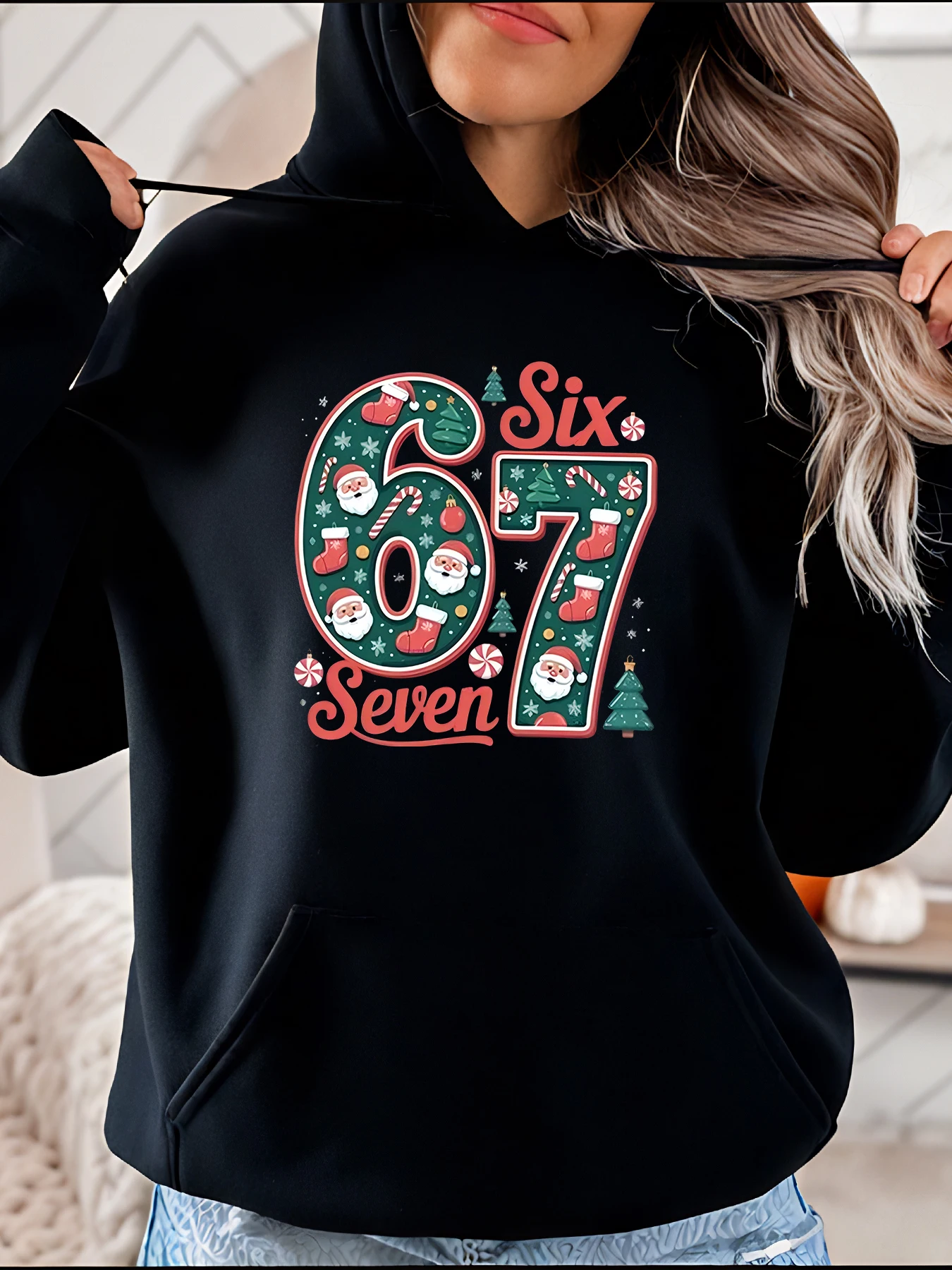 

Christmas Hoodie 67 Six Seven Santa Claus Pattern Women's Casual Sweatshirt Holiday Party Wear for Women