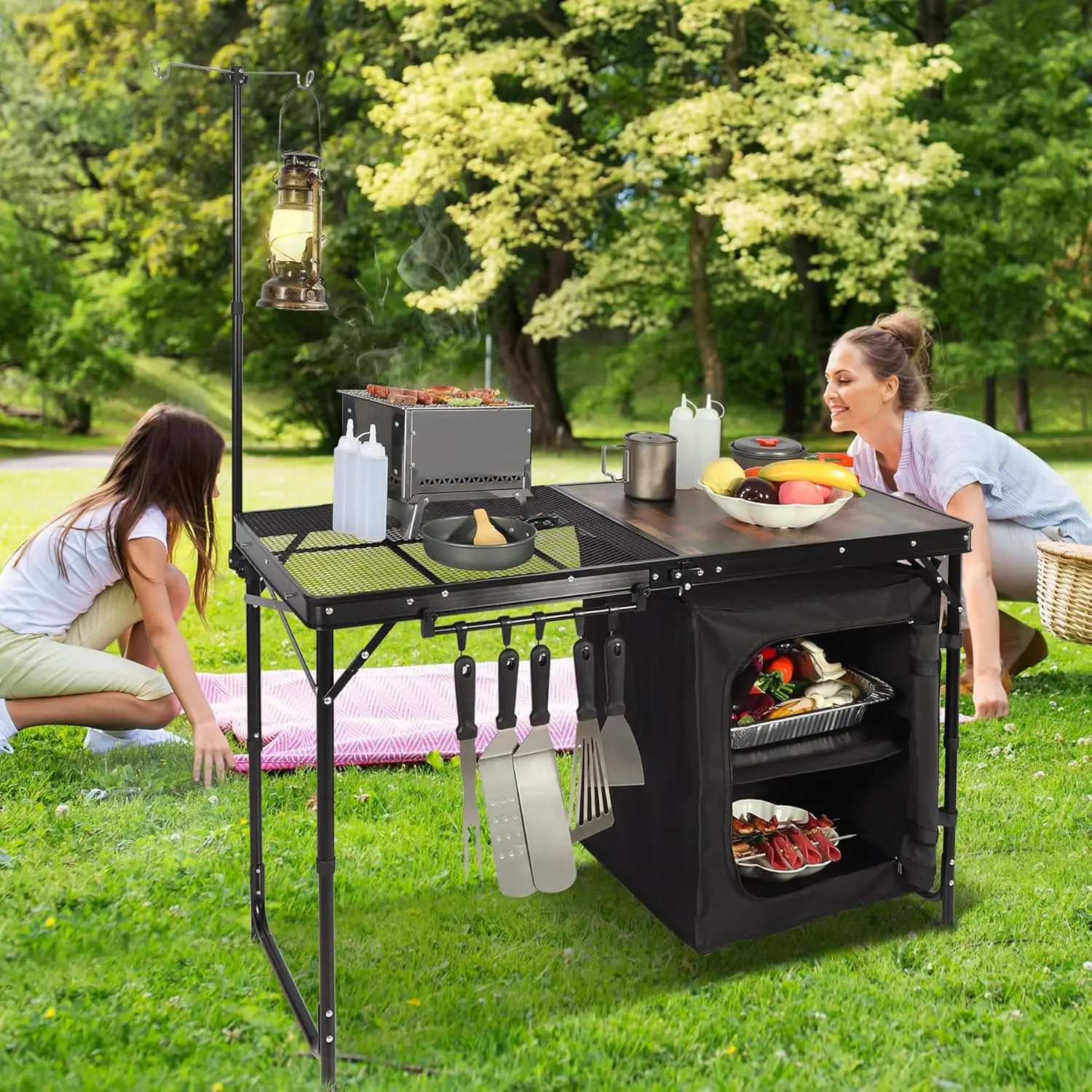 Portable Camping Kitchen Table, 4ft Folding Camping Kitchen Station with Storage Organizer and Telescoping Light Stand, Camping