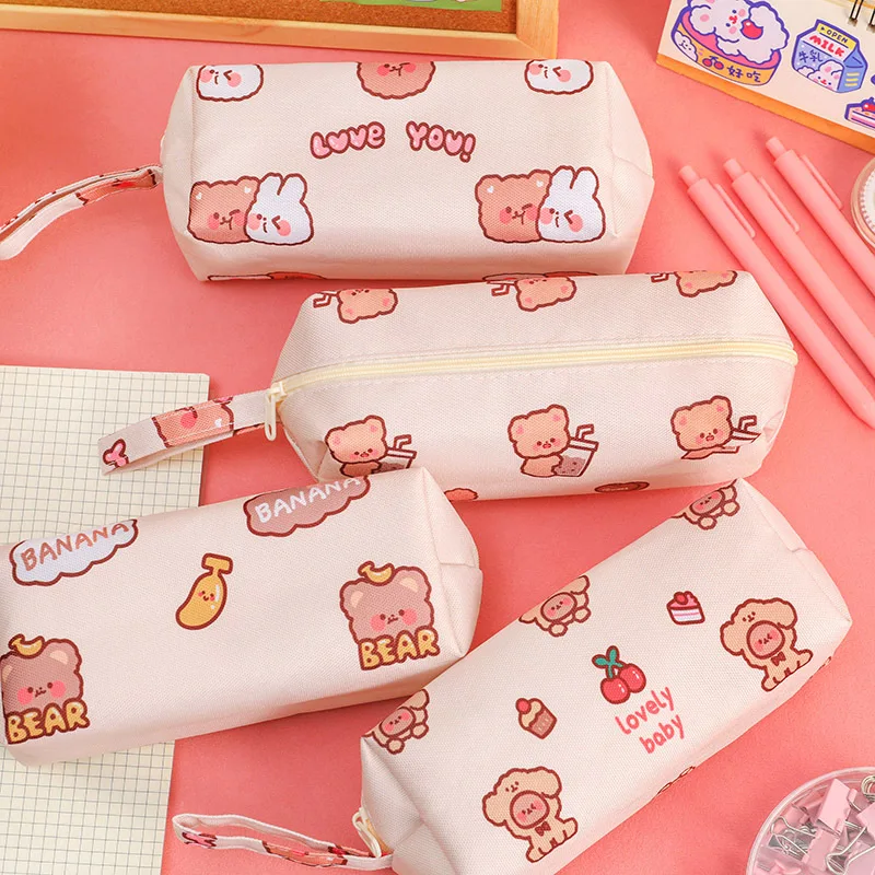 Cartoon Little Bear Canvas Pencil Case Large Capacity Pencil Case Desktop Stationery Organizing Storage Bag